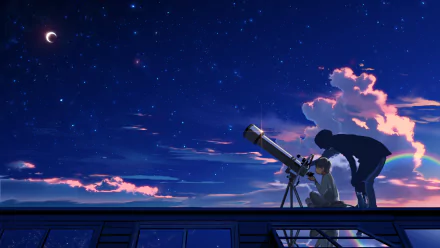 Anime boy using a telescope under a starry night sky, with deep blue tones and glowing clouds, captured as a vibrant HD PC desktop wallpaper background.
