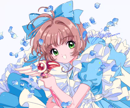 HD PC desktop wallpaper of Sakura Kinomoto (Cardcaptor Sakura) — anime-style portrait of her in a blue frilled dress holding the sealing wand, petals drifting around her.