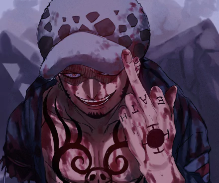 HD PC wallpaper of One Piece Two Years Later Trafalgar Law, smirking with bloodied hand raised showing middle finger, hat and chest tattoos against a dark anime mountain background.
