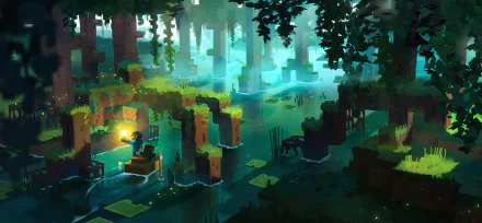 Vibrant Minecraft-inspired scene featuring a character exploring a lush, illuminated forest with water and greenery, serving as an engaging HD PC desktop wallpaper.