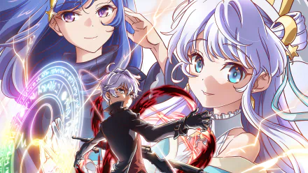 4K anime desktop wallpaper of Maha, Dia and Lugh Tuatha Dé from The World's Finest Assassin Gets Reincarnated in Another World as an Aristocrat — trio posed with magic sigils and blades.