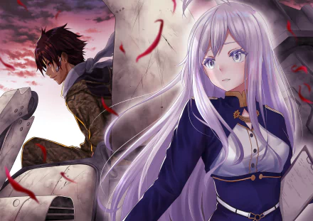 Vladilena Milizé and Shinei Nouzen from the anime Eighty Six depicted in a dramatic 4K Ultra HD PC desktop wallpaper with vivid colors and dynamic composition.