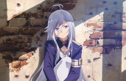 Vladilena Milizé from the anime Eighty Six is depicted in a detailed HD PC desktop wallpaper, sitting against a sunlit, weathered brick wall background.