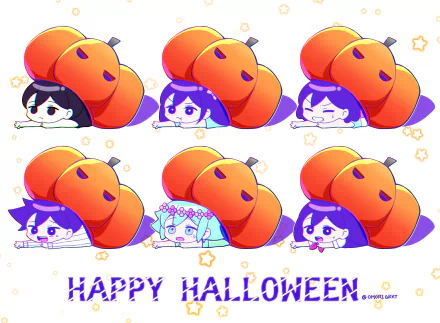 4K Ultra HD PC wallpaper: OMORI characters Omori, Mari, Basil, Hero, Kel and Aubrey peeking from jack-o'-lanterns over HAPPY HALLOWEEN.