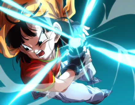 4K Ultra HD anime wallpaper featuring Pan from Dragon Ball unleashing a powerful energy attack with dynamic blue lightning effects.