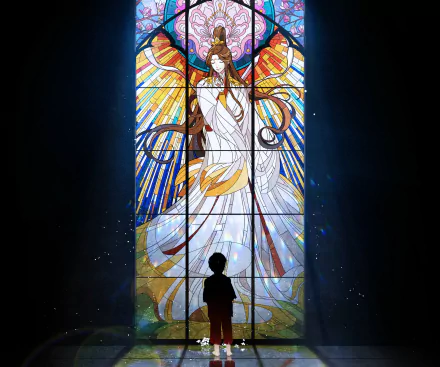 HD anime desktop wallpaper featuring stained glass art of Xie Lian and Hua Cheng from Tian Guan Ci Fu, illuminated with vibrant, radiant colors.