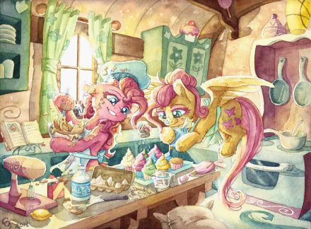 4K Ultra HD PC wallpaper: My Little Pony: Friendship Is Magic — Pinkie Pie and Fluttershy baking and decorating colorful cupcakes in a cozy kitchen, surrounded by jars and utensils.