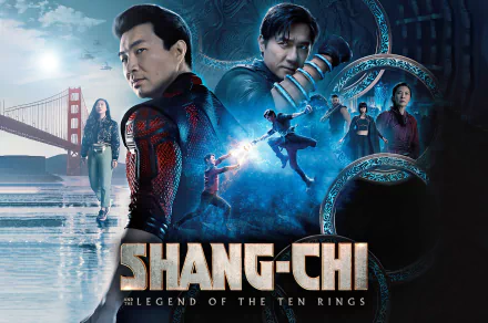 HD PC desktop wallpaper featuring key characters and action scenes from the movie Shang-Chi and the Legend of the Ten Rings, set against a dramatic cityscape background.