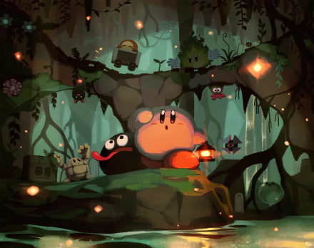 HD PC desktop wallpaper featuring Kirby in a dark, mystical forest setting from a video game, surrounded by glowing lights and shadowy creatures.