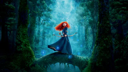 HD desktop wallpaper featuring Merida from the movie Brave, standing with a bow in a mystical forest setting.