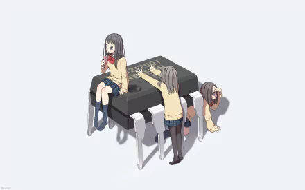 A 4K Ultra HD anime-style desktop wallpaper featuring three girls interacting with a large, futuristic computer keyboard, blending technology with anime art.