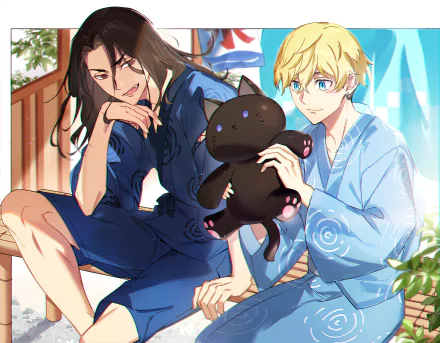 HD anime desktop wallpaper featuring Chifuyu Matsuno and Keisuke Baji from Tokyo Revengers, with a black anime-style cat in a bright outdoor setting.