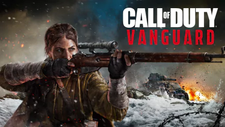 HD desktop wallpaper featuring a female soldier with a rifle from Call of Duty: Vanguard video game, with explosive action in the background.