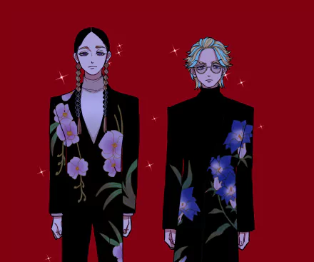 HD PC wallpaper background of anime brothers Rindo and Ran Haitani from Tokyo Revengers, standing against a red backdrop in black floral kimonos with sparkles.