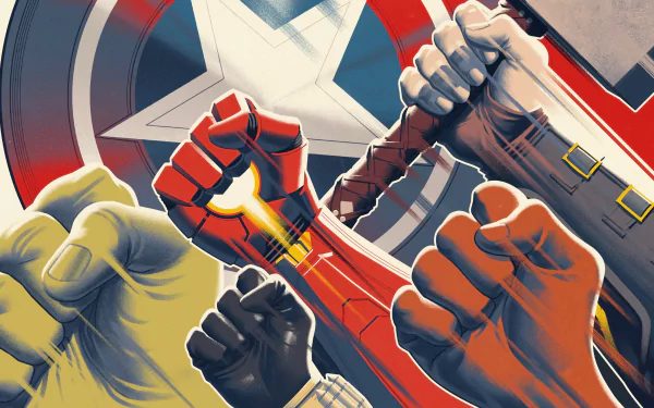 HD PC desktop wallpaper featuring raised fists of Kamala Khan, Ms. Marvel, Black Widow, Thor, Hulk, and Iron Man from the Marvel's Avengers video game.