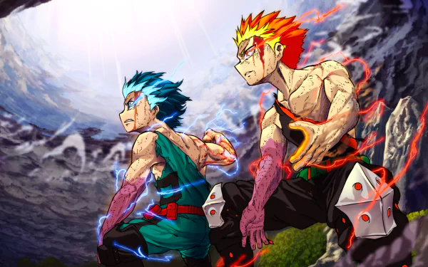 Anime HD PC desktop wallpaper from My Hero Academia: Heroes Rising showing two battle-worn heroes — blue- and flame-haired — crouched and poised amid rubble under a stormy sky.