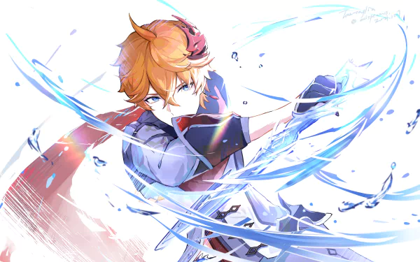 HD PC desktop wallpaper featuring Tartaglia Childe from the video game Genshin Impact, showcasing dynamic water effects and vibrant character details.