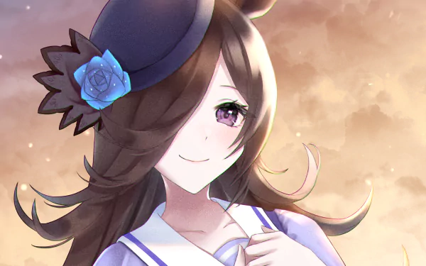 Rice Shower from Uma Musume: Pretty Derby — anime HD desktop wallpaper of the character in a sailor outfit and hat with a blue rose, smiling against a warm, glowing sky background.