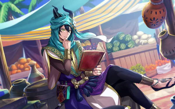 HD PC desktop wallpaper featuring Malleus Draconia from the video game Twisted Wonderland, depicted reading a book in a vibrant marketplace setting.