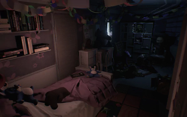 A dark, atmospheric room filled with scattered toys and books, creating an eerie ambiance. This HD desktop wallpaper captures the haunting essence of the video game Visage.
