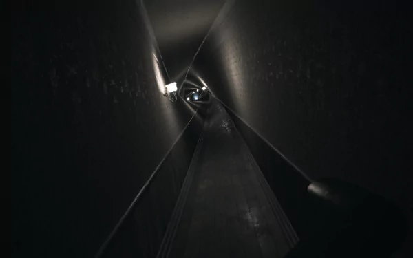 Abstract visage in a narrow, dimly-lit corridor, creating a mysterious HD desktop wallpaper and background.