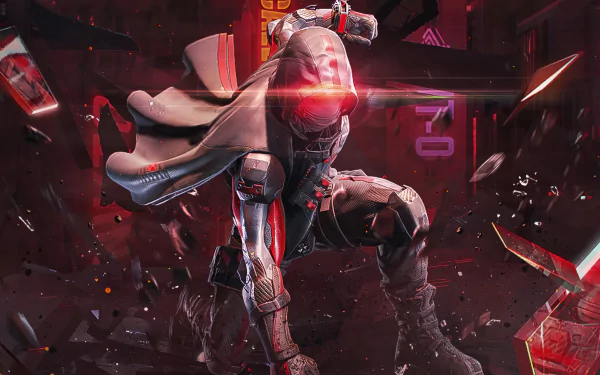 Call of Duty: Mobile video game 4K Ultra HD PC desktop wallpaper and background — armored soldier with glowing red visor crouches amid shattered glass and neon debris.