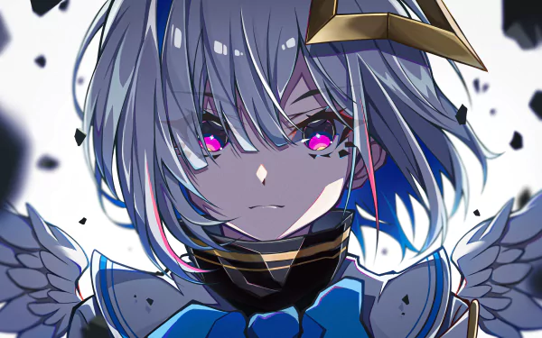 Close-up anime Amane Kanata of hololive: silver-blue hair, glowing magenta eyes, winged armor and floating shards — 4K Ultra HD Virtual YouTuber desktop wallpaper.