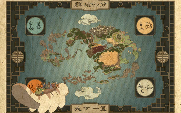 8K Ultra HD desktop wallpaper featuring a detailed map from the anime Avatar: The Last Airbender, showcasing its world and elemental symbols.