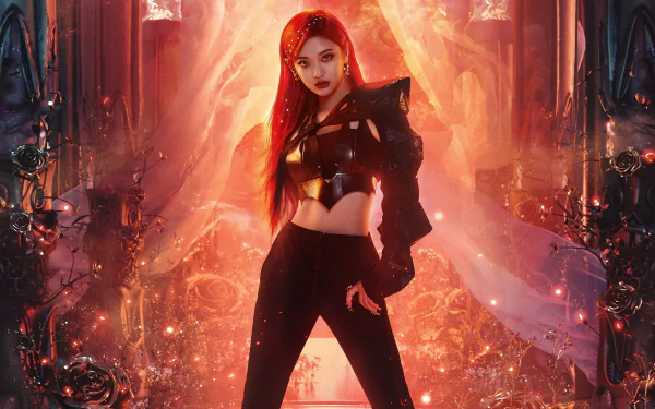 HD PC desktop wallpaper of a K-pop singer in a black stage outfit with a fiery red-orange backdrop, confident pose and music-themed, girl-group aesthetic.