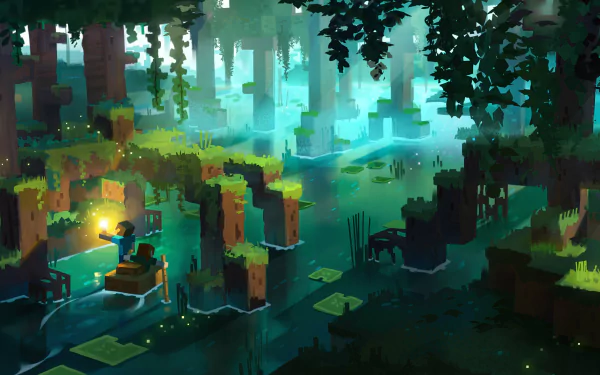 Vibrant Minecraft-inspired scene featuring a character exploring a lush, illuminated forest with water and greenery, serving as an engaging HD PC desktop wallpaper.