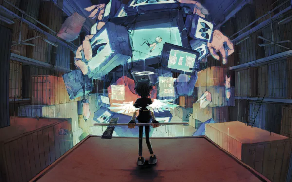 4K Ultra HD anime PC desktop wallpaper: silhouetted protagonist faces a luminous anime angel among floating holographic screens in a vast, industrial-lit hall.