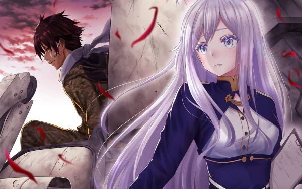 Vladilena Milizé and Shinei Nouzen from the anime Eighty Six depicted in a dramatic 4K Ultra HD PC desktop wallpaper with vivid colors and dynamic composition.