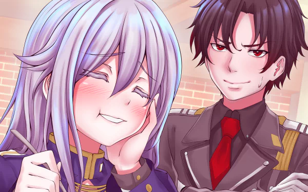 HD anime wallpaper featuring Vladilena Milizé and Shinei Nouzen from Eighty Six against a softly lit brick wall background.