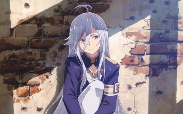 Vladilena Milizé from the anime Eighty Six is depicted in a detailed HD PC desktop wallpaper, sitting against a sunlit, weathered brick wall background.