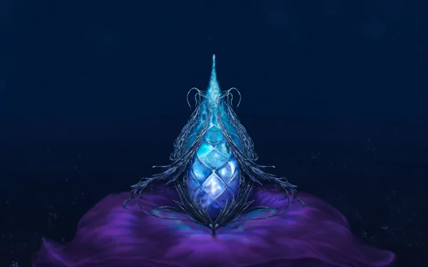 Artistic HD PC desktop wallpaper featuring a glowing blue crystal gem with intricate jewelry-like designs against a dark, mysterious background.