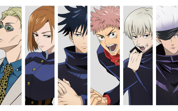4K Ultra HD PC desktop wallpaper featuring Toge Inumaki, Yuji Itadori, Kento Nanami, Megumi Fushiguro, Nobara Kugisaki, and Satoru Gojo from the anime Jujutsu Kaisen.