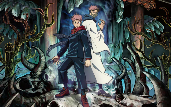 HD desktop wallpaper featuring Yuji Itadori from the anime Jujutsu Kaisen, standing in a dark, mystical forest with another character in a white robe amidst eerie, twisted plants and bones.