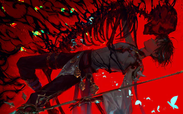 4K Ultra HD PC desktop wallpaper featuring Xiao from Genshin Impact lying amidst red and black tones with a glowing skeleton overlay, blending video game and dark fantasy elements.