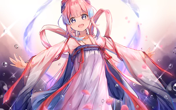 Sangonomiya Kokomi wearing a flowing kimono, smiling amid petals and water droplets in a pastel, water-themed 2K Quad HD PC desktop wallpaper from the video game Genshin Impact.