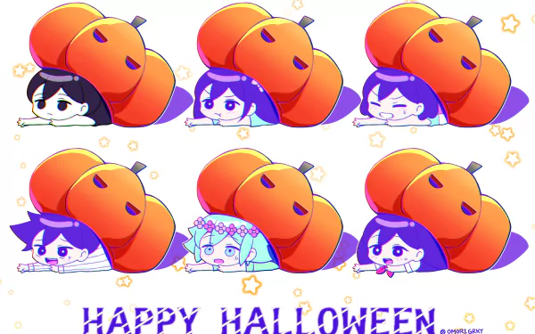 Happy Halloween pumpkin Mari (Omori) Basil (Omori) Hero (Omori) Kel (Omori) Aubrey (Omori) Omori (Character) video game OMORI HD Desktop Wallpaper | Background Image