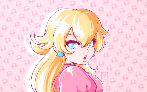 HD PC desktop wallpaper of Princess Peach from the Super Mario Bros. video game, close-up portrait against a pink mushroom-pattern background.