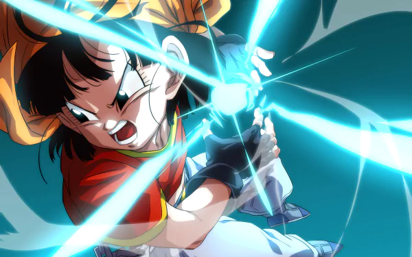 4K Ultra HD anime wallpaper featuring Pan from Dragon Ball unleashing a powerful energy attack with dynamic blue lightning effects.