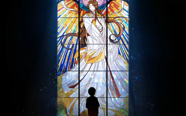 HD anime desktop wallpaper featuring stained glass art of Xie Lian and Hua Cheng from Tian Guan Ci Fu, illuminated with vibrant, radiant colors.