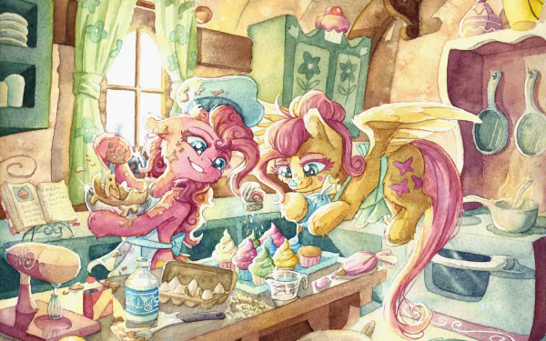 4K Ultra HD PC wallpaper: My Little Pony: Friendship Is Magic — Pinkie Pie and Fluttershy baking and decorating colorful cupcakes in a cozy kitchen, surrounded by jars and utensils.