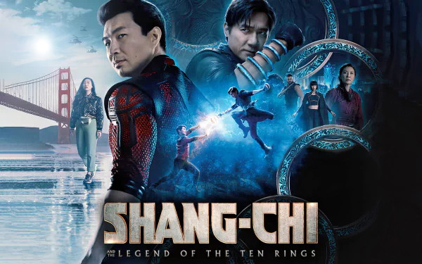 HD PC desktop wallpaper featuring key characters and action scenes from the movie Shang-Chi and the Legend of the Ten Rings, set against a dramatic cityscape background.