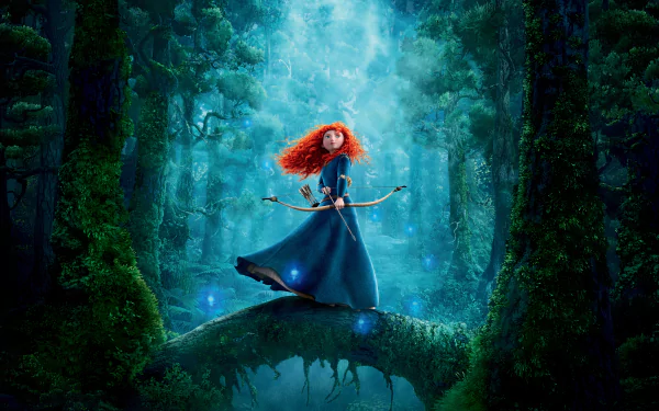 HD desktop wallpaper featuring Merida from the movie Brave, standing with a bow in a mystical forest setting.