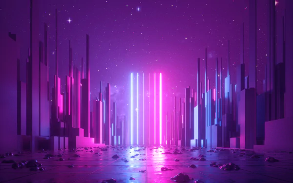 HD desktop wallpaper featuring an artistic neon cityscape with vibrant pink and blue lights, creating a futuristic and mesmerizing atmosphere.