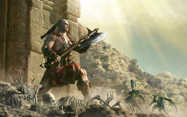 HD desktop wallpaper featuring a warrior from Diablo II: Resurrected ready for battle amidst a sunlit, ancient ruins setting.