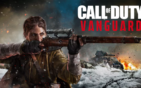 HD desktop wallpaper featuring a female soldier with a rifle from Call of Duty: Vanguard video game, with explosive action in the background.