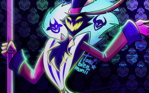 HD desktop wallpaper featuring Asmodeus from the TV show Helluva Boss, showcasing his vibrant, sinister design against a patterned dark background.